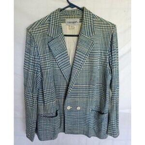 Vtg Ciaosport Ltd. Women’s Teal & Beige Houndstooth Blazer Silk and Cotton Sz 12